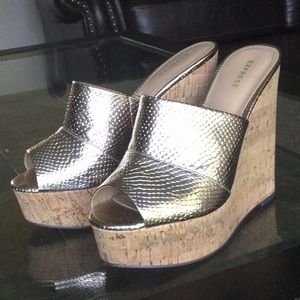 Express Gold Metallic Platform Wedge Sandals